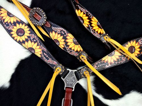 Showman Hand Painted Sunflower Print One Ear Headstall and Breastcollar Set #4
